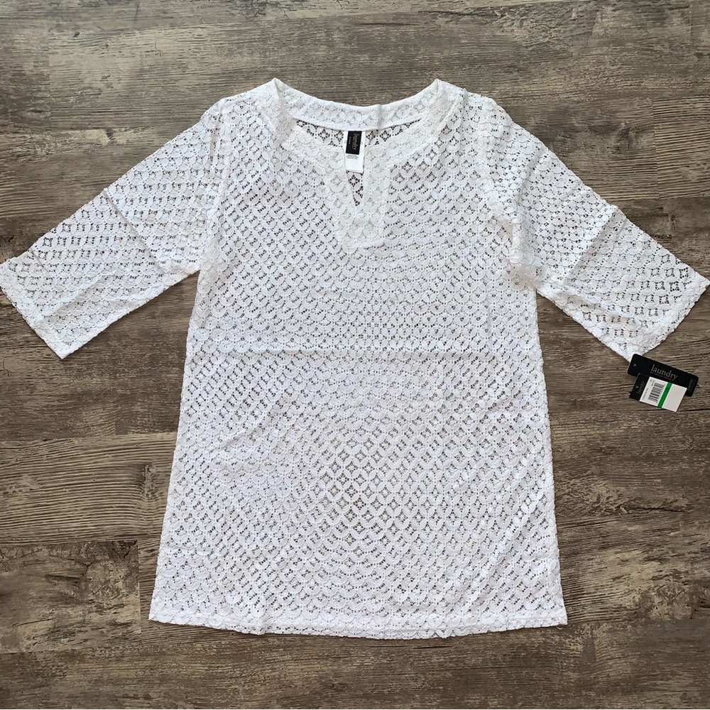Laundry by Shelli Segal White Tunic Cover up Eyelet Sheer Dress Size Large